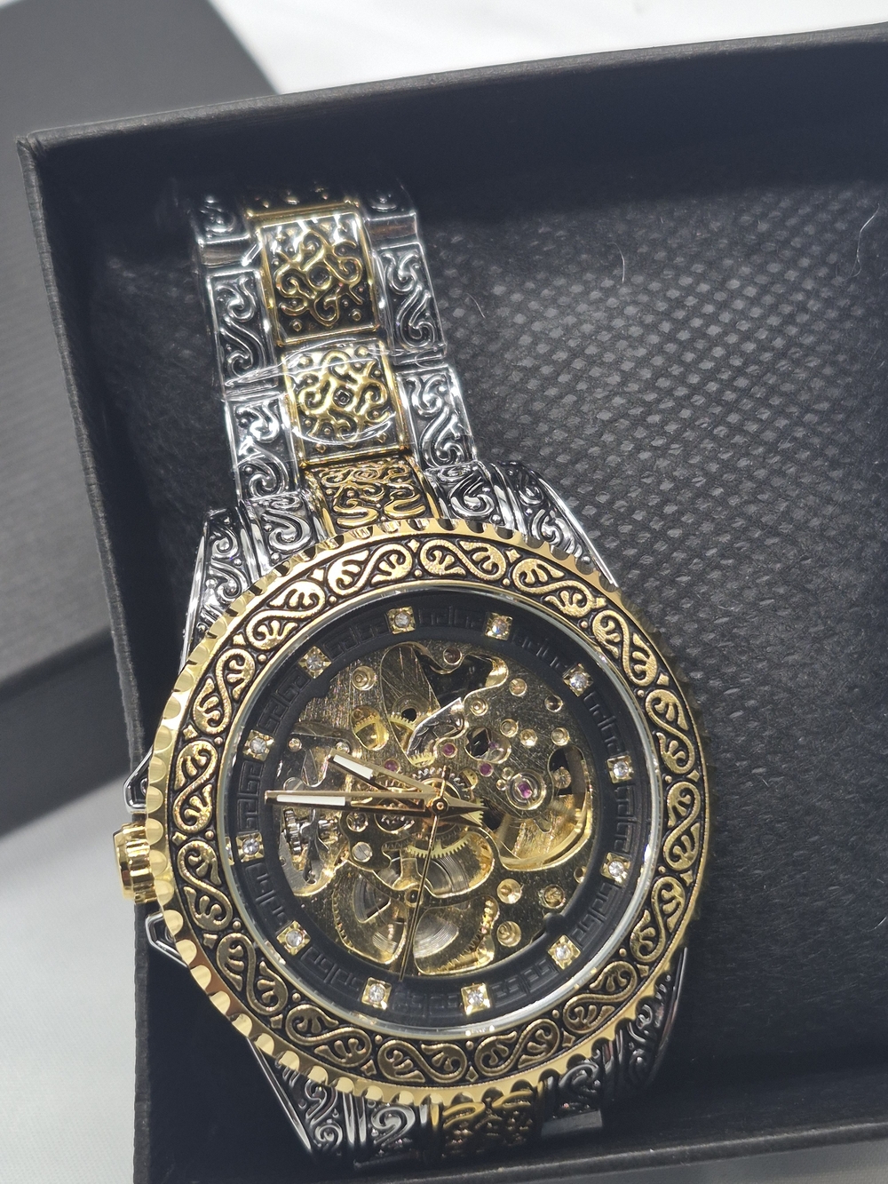 Men's Gold & Silver Skeleton Mechanical Watch - Elegant Two-Tone Design